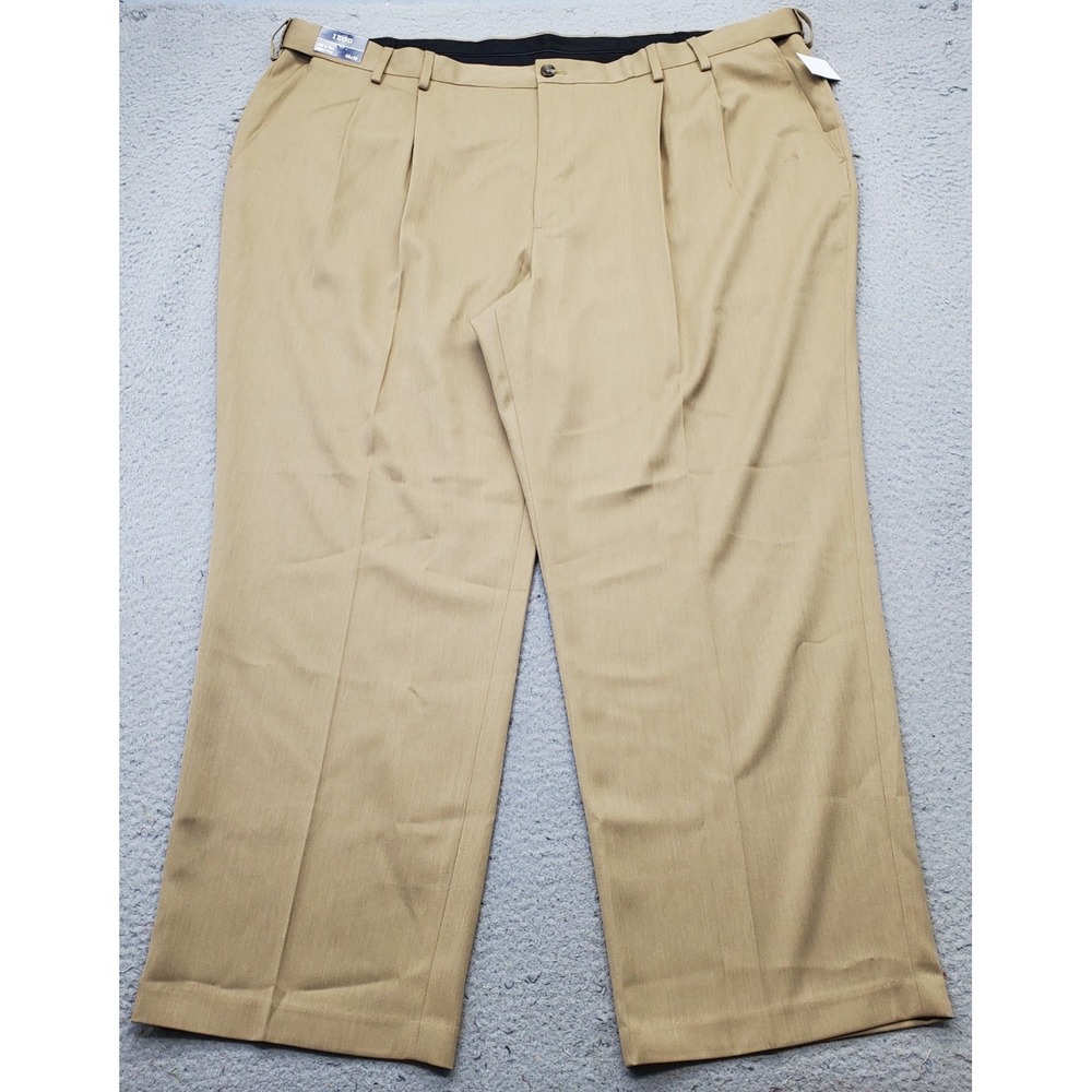 IZOD Ultimate Travel Pants Men 48x30 Tan Double Pleated Non-Iron Natural Stretch